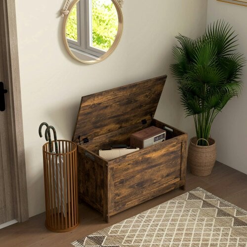 Wyld Haus Vesoka Sake Rustic Brown Wooden Storage Chest With Safety Hinges 76 x 40 x 48 cm
