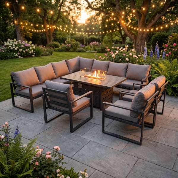 Fimous 9 Seater Aluminium Garden Furniture Set with Gas Fire Pit Dining Table, Corner Sofa & 3 Chairs - Dark Grey