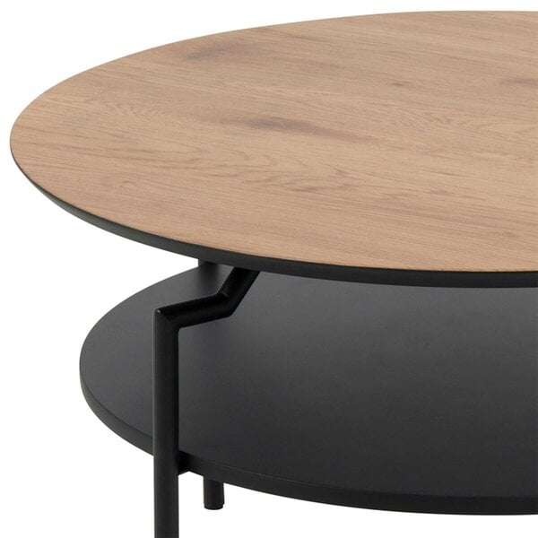 Wyld Haus Fuglebjerg Round Coffee Table Oak Top Black Metal Legs Bottom Shelf