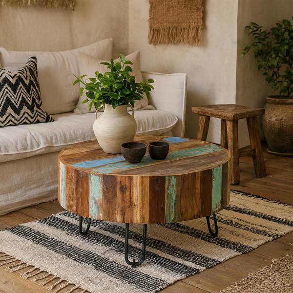 Wyld Haus Seattle Reclaimed Wood and Metal Drum Coffee Table