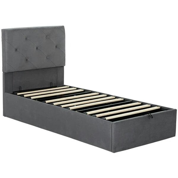 Single Bed Frame Gas End Lift Under Bed Storage Upholstered Platform Bed Tufted Headboard for 90 x 190 cm Mattress