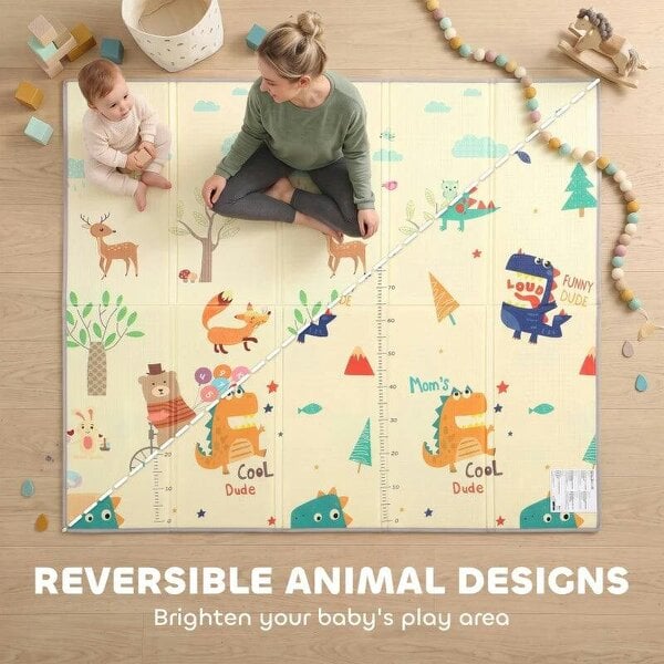 Foldable Reversible Baby Play Mat 180 x 150 cm, Waterproof, Non-Slip for Crawling and Learning, Animals & Forest Theme