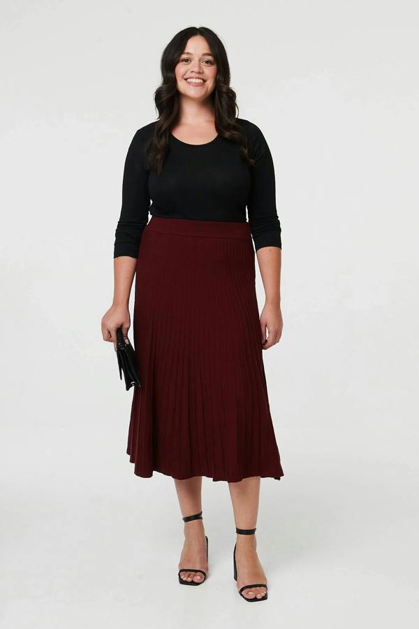 Red | Curve High Waist Pleated Knit Midi Skirt