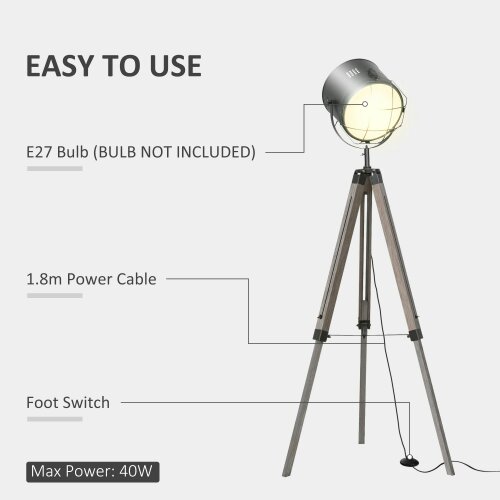 Wyld Haus Lesado Zine Wood And Metal Grey Adjustable Tripod Floor Lamp With Spotlight Head