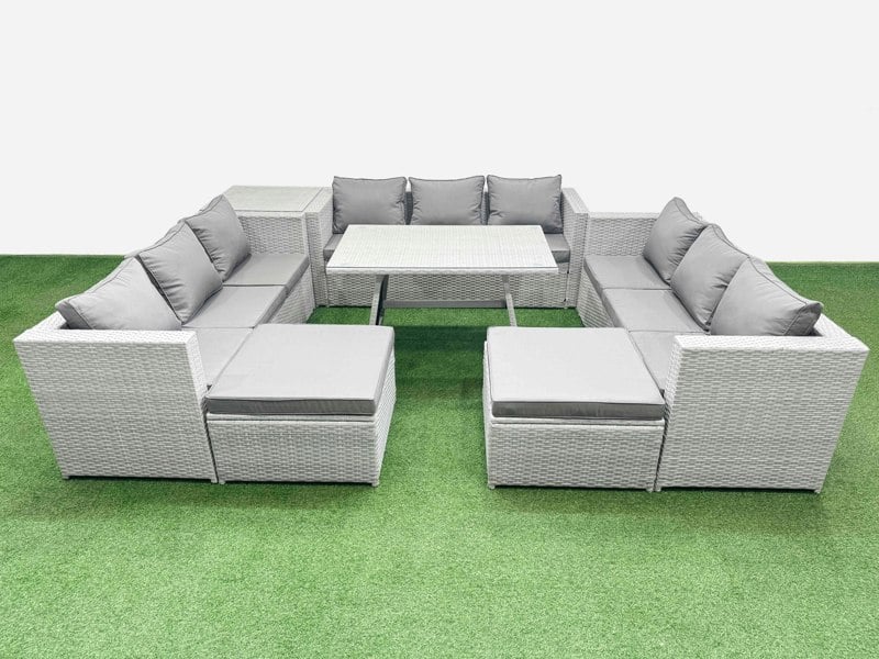 Fimous 11 Seat Outdoor Patio PE Rattan Garden Furniture with Cushions 3 Seater Sofa Side Table 2 Big Stools Light Grey