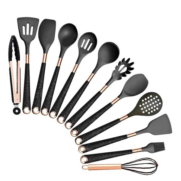  Anygleam Kitchen Utensils Non-stick Black 12 Set Gold Plated Handle with Support Point Cooking Tool Accessories Heat Resistant Kitchenware