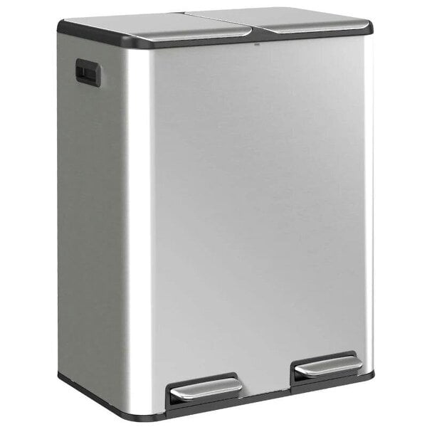 2 x 30L Double Kitchen Bin, Stainless Steel Pedal Rubbish Bin with Dual Compartments, Soft Close Lids, Silver Tone