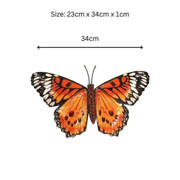EDH Door Hardware Medium Metal Orange Butterfly Wall Art – 23 x 34 x 1 CM | 3D Hand-Painted Metal Butterfly Decoration | Weatherproof Indoor & Outdoor
