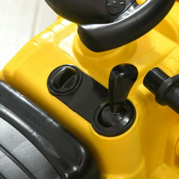 Close-up of yellow ride-on bulldozer toy controls near the seat and side knobs