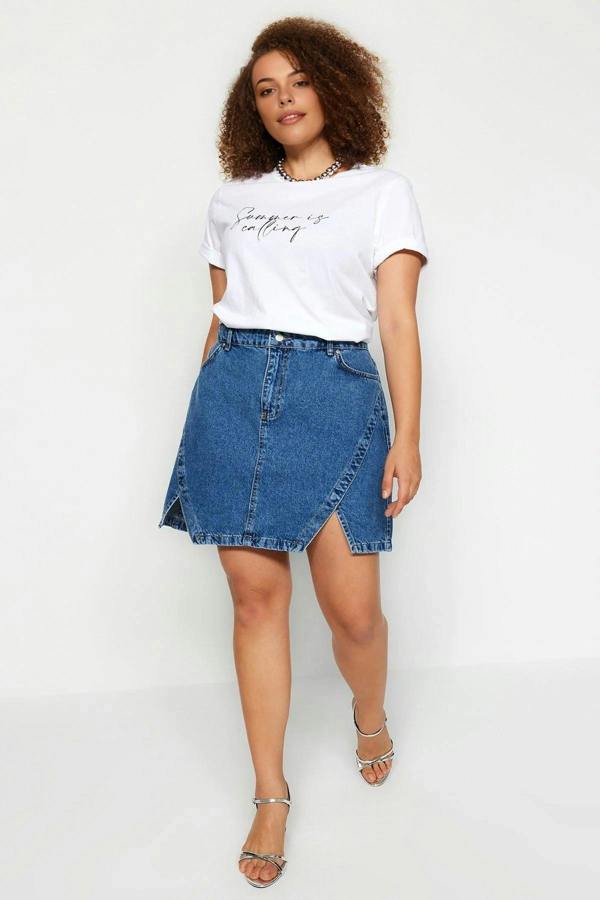 WOVCOR Double Slit A-line Plus Size Denim Skirt