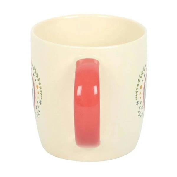 Cream ceramic mug with red vertical accent panel on the front