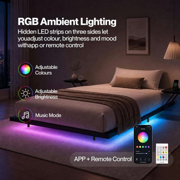 Levede Double Bed Frame Floating Design with Storage Shelves RGB Lights Black