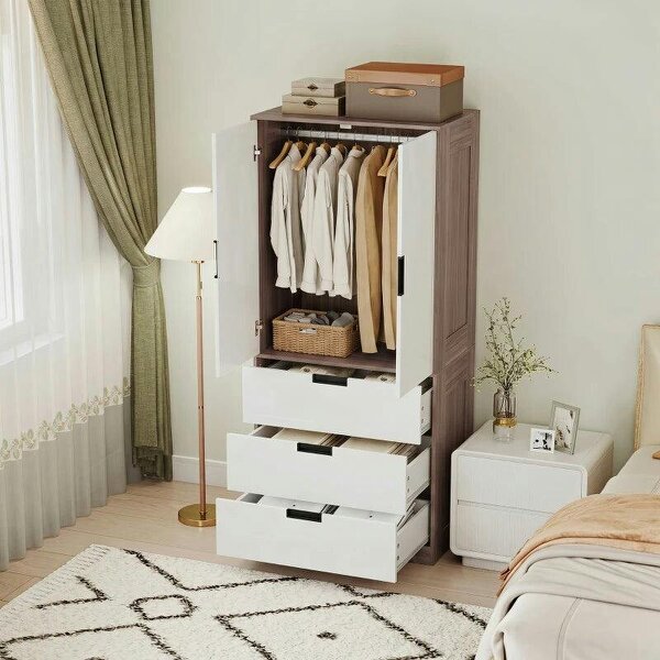 Modern Clothes Storage Cupboard Unit, 3 Drawer 2 Door Wardrobe with Hanging Rod, White/Brown