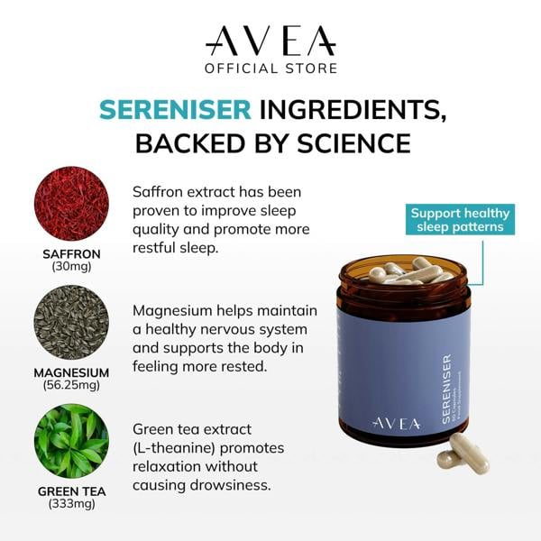AVEA Sereniser (60 Capsules) - Natural Sleep Support - L-Theanine, Magnesium & Vitamin B6 - Deeper Sleep & Boosted Morning Alertness - Vegan Friendly