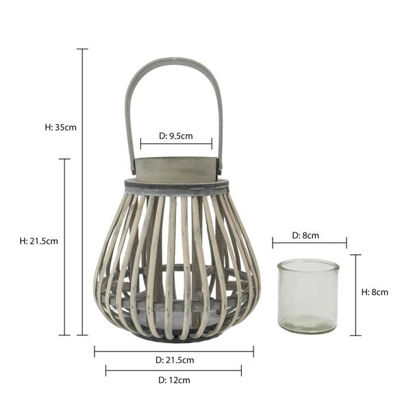 JVL Luna Natural Bulb Shaped Willow Wood Lantern With Wooden Handle, Grey Wash