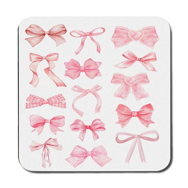 Benjamin Tate Design Exclusive Designer Artwork Collection Pink Bow Placemat And Coaster Set With Wood Bottom Finish
