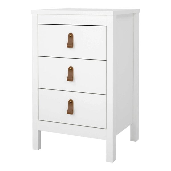 Wyld Haus Wildberry Matt White Bedside Table 3 Drawers Leather Handles
