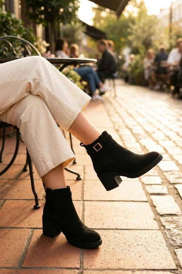 Saoirse Faux Suede Block Heel Boots - Black
