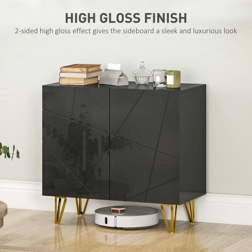 Wyld Haus Diro High Gloss Black Geometric Pattern Sideboard With Gold Hairpin Legs