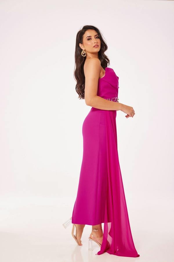 LuvForever Fuschia Strapless Jewelled Drape Midi Dress