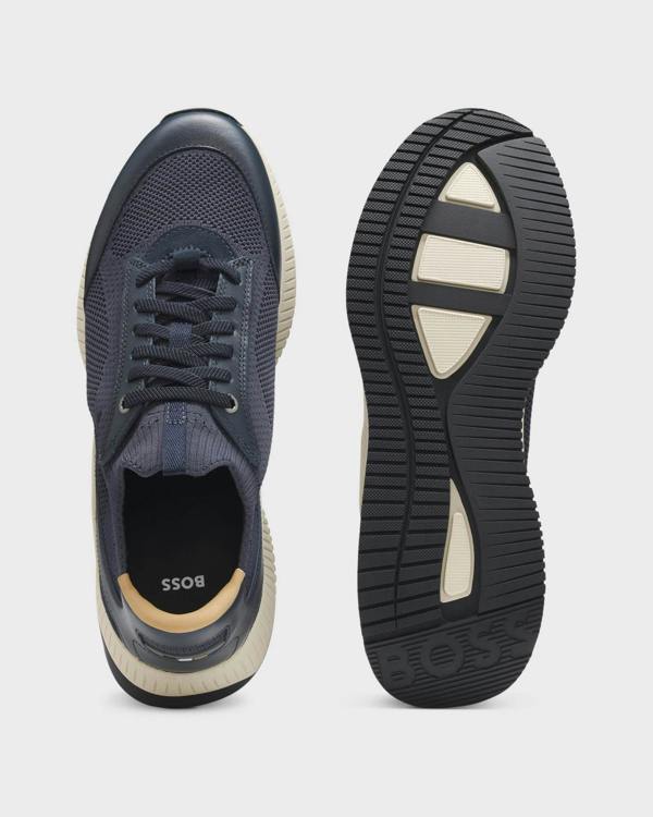BOSS Orange TTNM EVO Mens trainers with knitted uppers and leather trims - Dark Blue 401 | CHO | Designer Footwear,Mens Footwear,Trainers