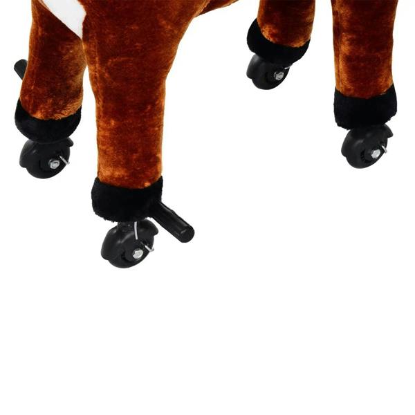 Plush brown ride-on horse toy close-up of black rolling wheels and lower legs