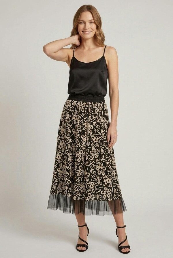 Izabel London Floral Mesh Hem A-Line Midi Skirt