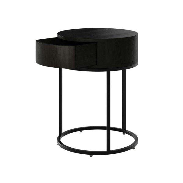 Wyld Haus Allegro Black Oak and Metal Round Bedside Table with Drawer