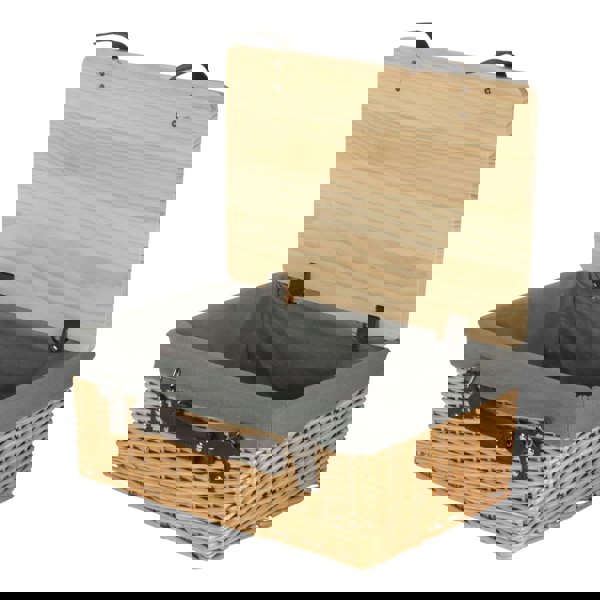 36cm Buff Grey Lined Willow Empty Picnic Basket with Pinewood Lid