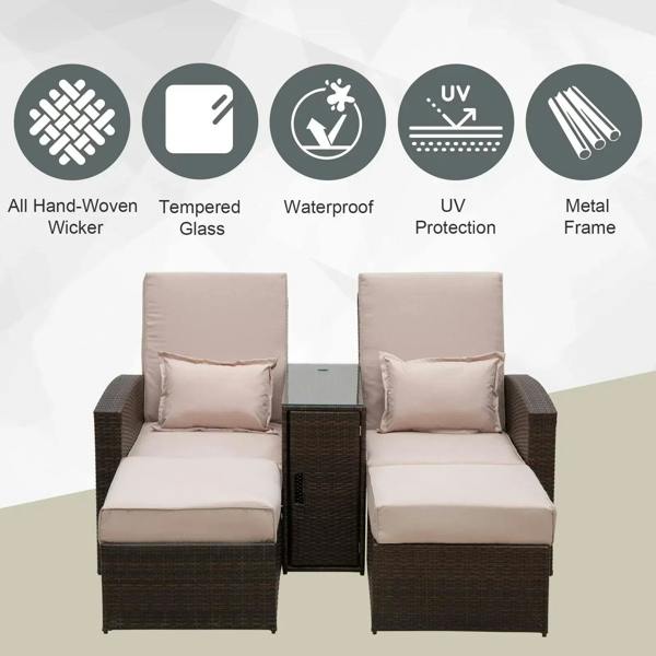 Brown rattan 2-seat sofa lounger set with beige cushions and matching square throw pillows