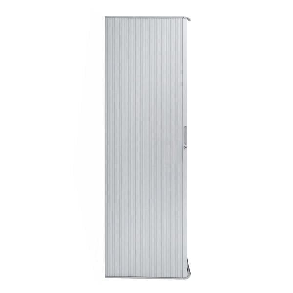 Silver Tambour shower door featuring a sleek, vertical ribbed design, crafted from durable materials for a modern bathroom aesthetic