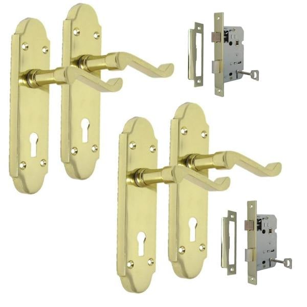 EDH Door Hardware Brass Finish Epsom Victoria Scroll Lock Door Handles On Back Plate & Sash Lock