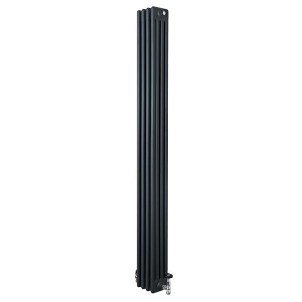 Traditional anthracite grey 4 column radiator, 1800 x 200mm, featuring a sleek vertical design and polished valves for modern interiors