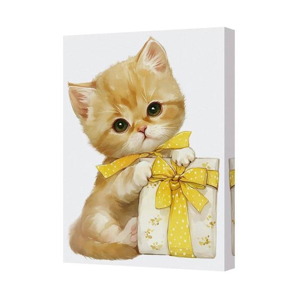 Benjamin Tate Design Cute Kitten With Gift Box Canvas Art Print Yellow Ribbon