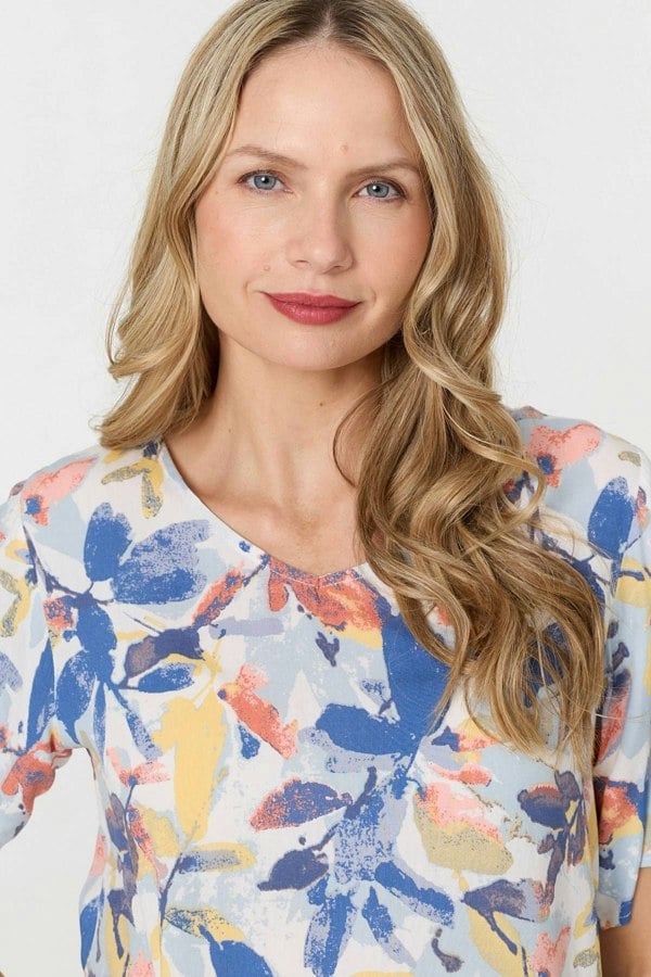 Blue | Leaf Print Relaxed Short Sleeve Blouse
