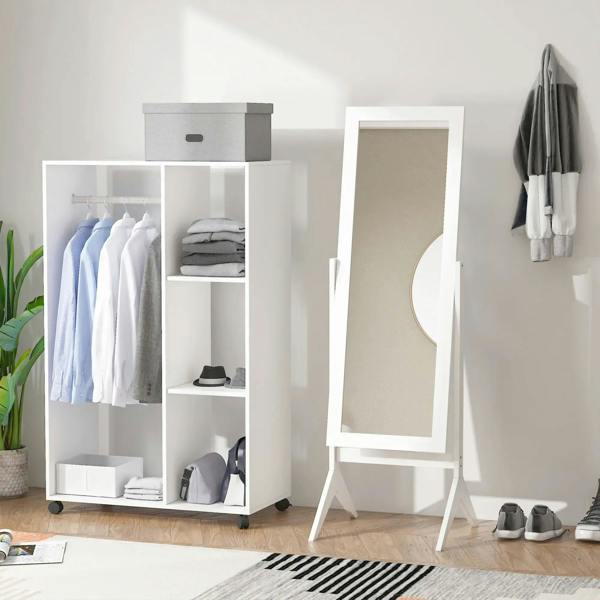White freestanding full-length mirror with angled frame and tripod base