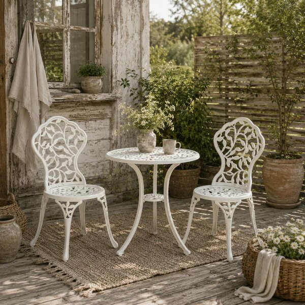Wyld Haus Karipa Cast Aluminium White 3 Piece Outdoor Floral Bistro Dining Set With Table And Chairs