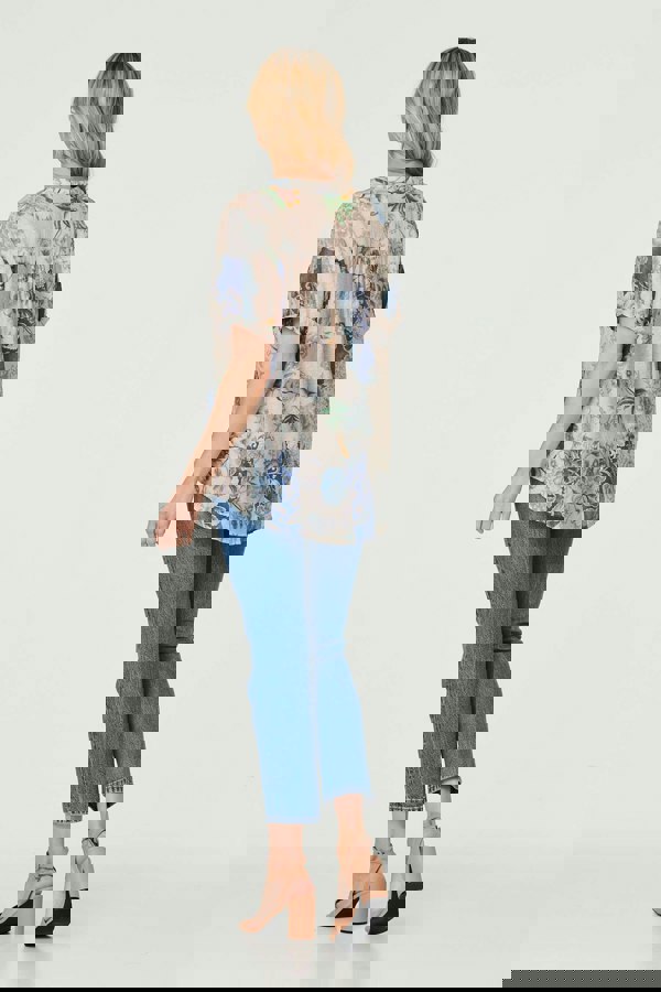 Blue | Floral Collarless Short Sleeve Blouse
