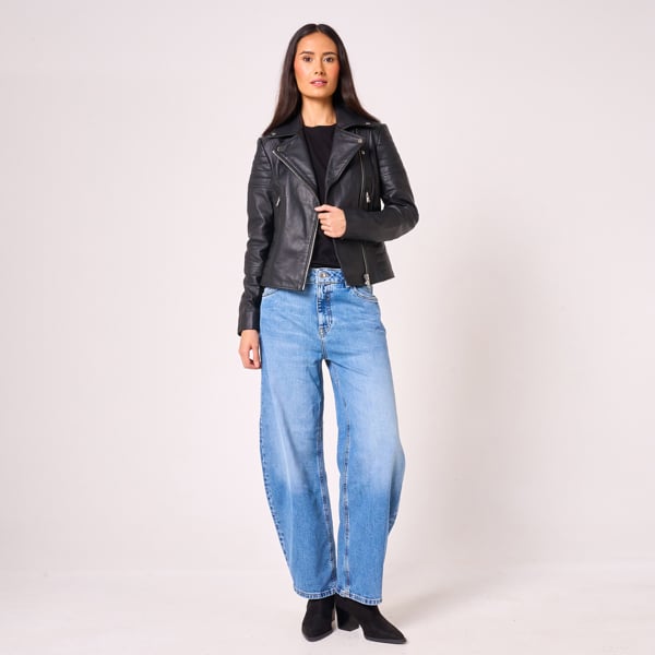 Image displays how we love to style the Barneys Originals Victoria real leather biker jacket: with casual barrel leg jeans, suede boots and a t-shirt.