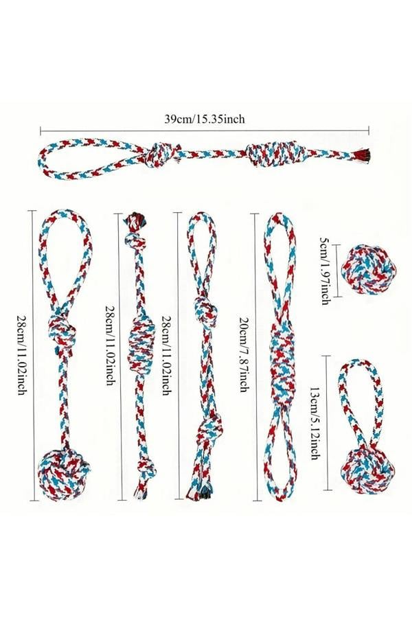 Dyzi 7pcs Interactive Dog Chew Rope Knot Toys Set Red Blue Training Play