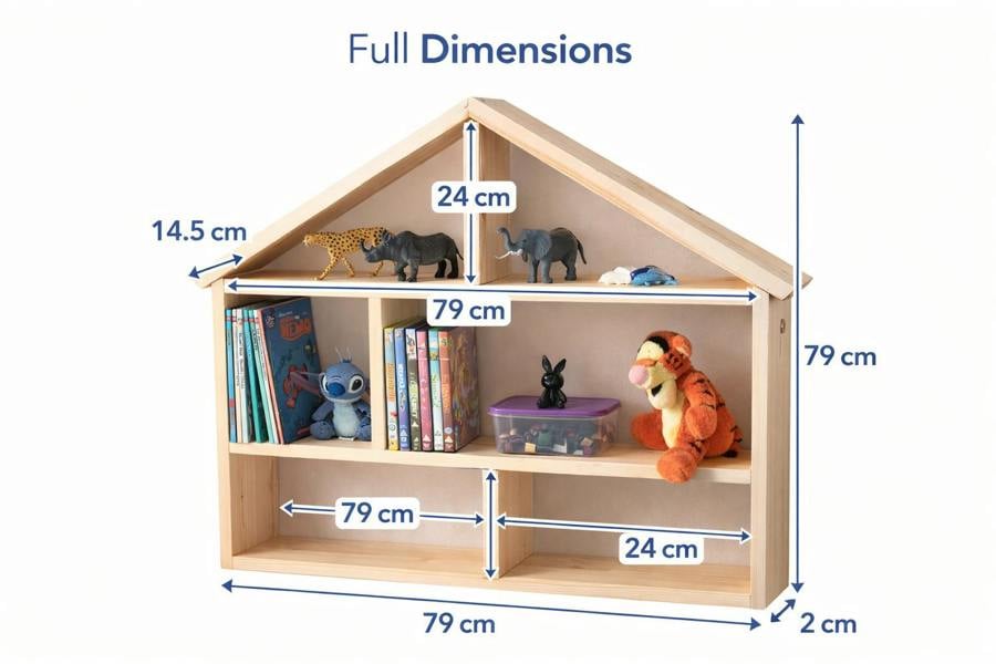 Dimensions of house shaped wooden shelf 79cm by 79cm