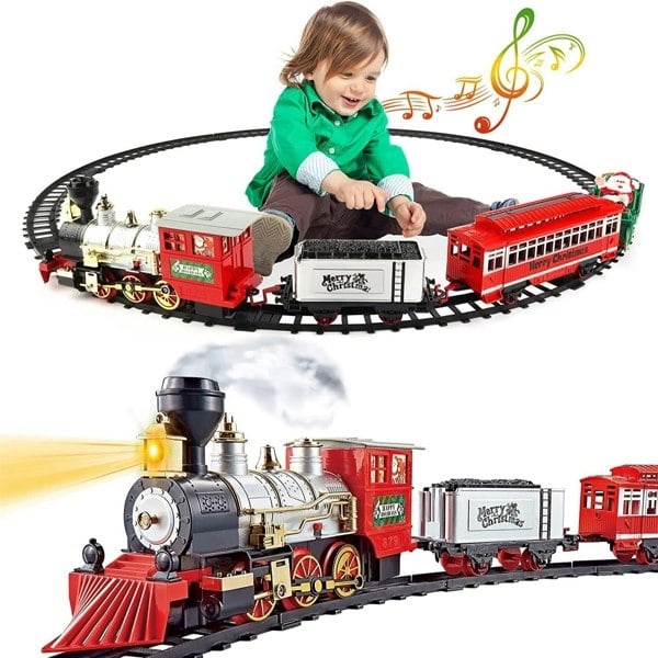 deAO Toys Christmas Train Set with Lights, Sounds Smoke Electric Tree Train Set for Kids, Perfect Christmas Gift