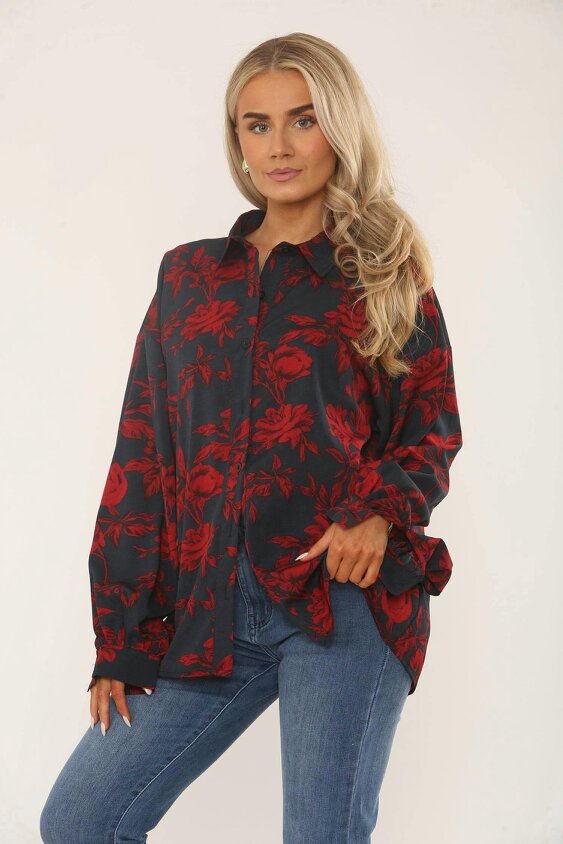 Elaina Fashion Black & Red Floral Print Oversized Blouse – Long Sleeve Button-Up - 97% Polyester 3% Elastane - Black/Red