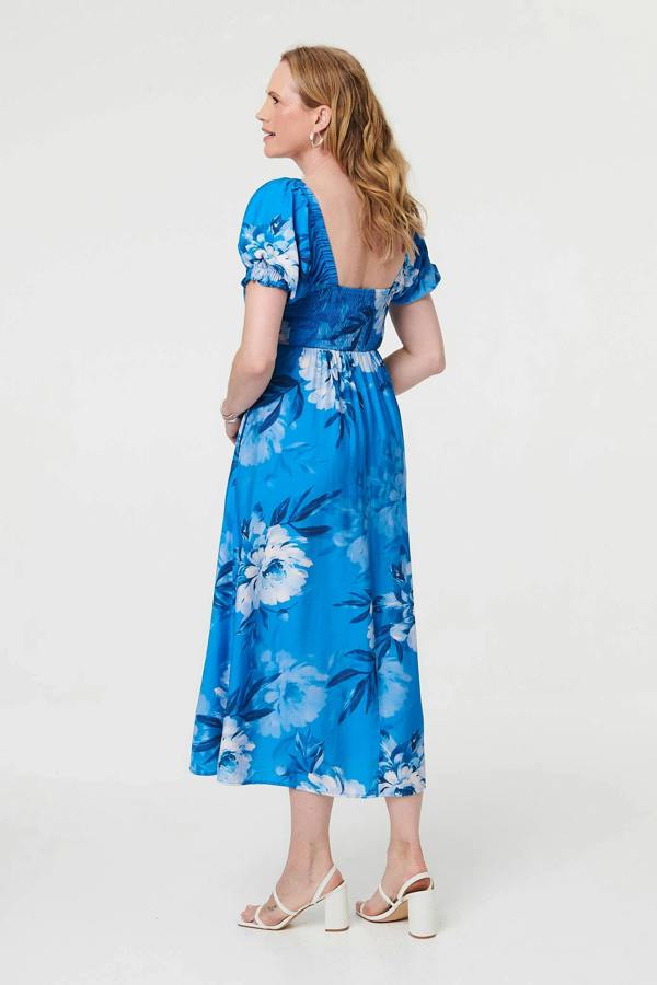 Blue | Floral Puff Sleeve Tie Front Midi Dress