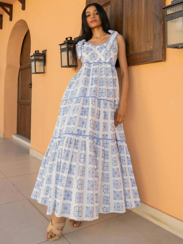 Rose & Nancy Maisy Blue White Printed Lace Trim Maxi Sun Dress&nbsp;