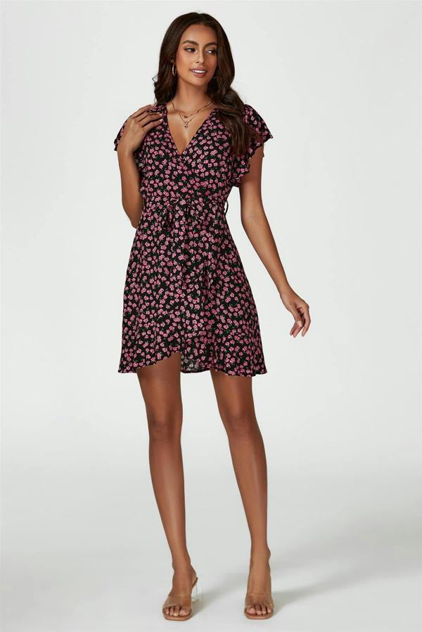 FS Collection Floral Print Wrap Top Dress In Black