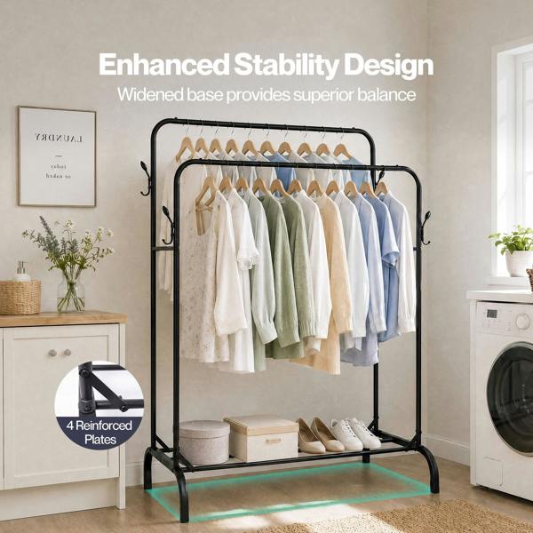 Levede Clothes Rail Heavy Duty 2 Rods Carbon Steel Rack with Shelf Bedroom Black