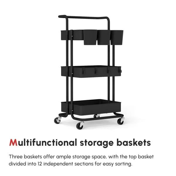 Black three-tier storage trolley with upper hanging bins, mid shelf, and caster wheels