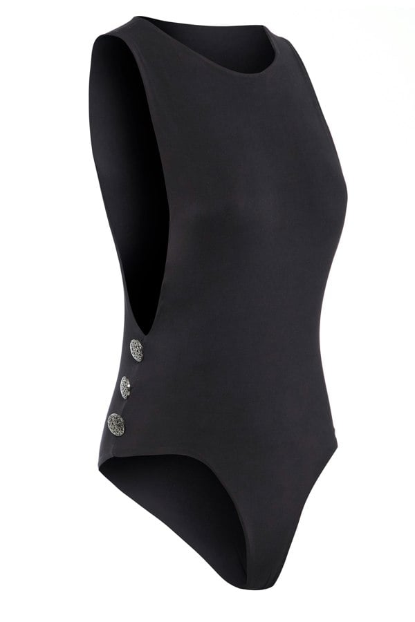 a Sarvin women's black one piece swimsuit.