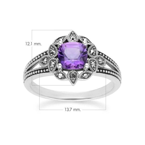 Gemondo Art Deco Style Cushion Amethyst & Marcasite Ring in Sterling Silver